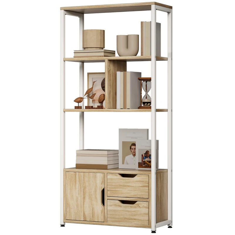 HOMCOM Estante para Livros com Armário e 2 Gavetas de Armazenamento para Escritório Sala de Estar 58x24x122 cm Madeira e Branco