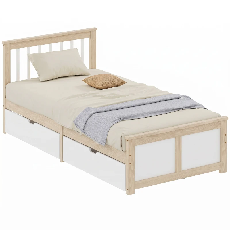HOMCOM Pine Storage Bed, 3ft Single Solid Wooden Bed Frame with Drawers, Headboard, Wood Slat Support, Natural Wood Finish