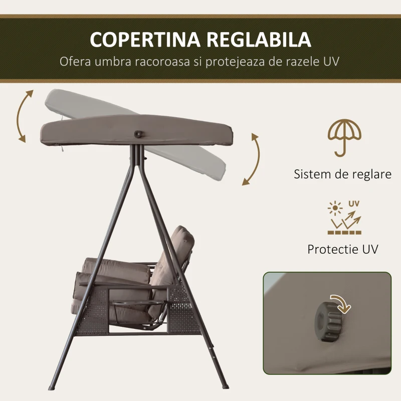 Outsunny Balansoar Autoportant cu 3 Locuri, Scaun de Relaxare Exterior Căptușit cu Acoperiș Reglabil, Maro
