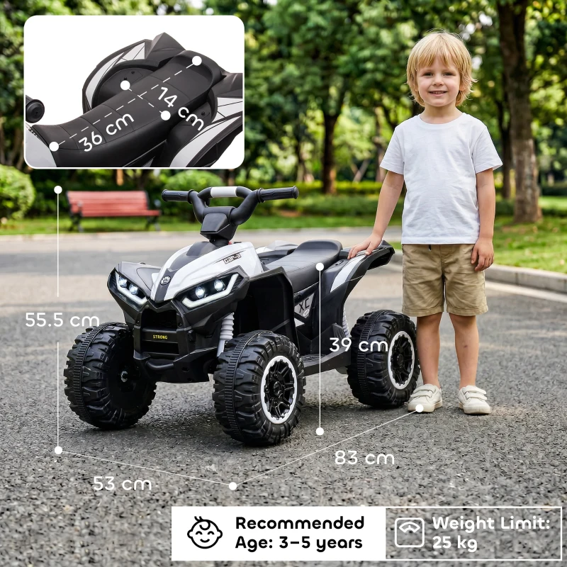 HOMCOM 12V Ride-On Quad Bike w/ Music, Horn, for Ages 3-5 Years - White