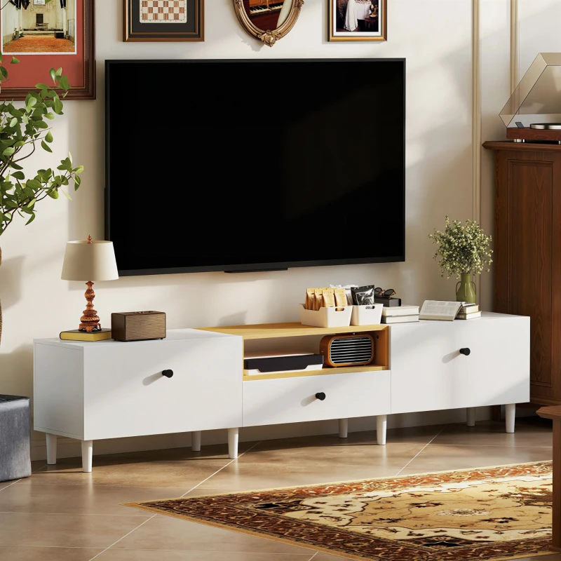 HOMCOM Meuble TV, meuble télé pour téléviseur jusqu'à 90 pouces avec 2 portes rabattables, tiroir, 200 x 35 x 45 cm, blanc