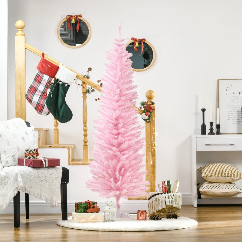 HOMCOM Árvore de Natal Artificial 180cm Ignífugo com 390 Ramos de PVC Decoração de Natal para Interiores Rosa