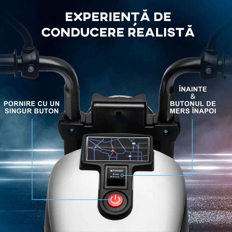 HOMCOM Motocicletă Electrică pentru Copii 18-36 Luni cu Roți Ajutătoare și Far, 76x42x57 cm, Alb și Negru