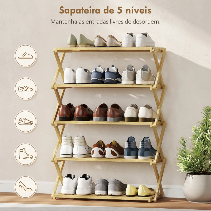 HOMCOM Sapateira Estreita de Bambu Dobrável de 5 Níveis para Entrada Corredor Quarto 60x29x88 cm Madeira