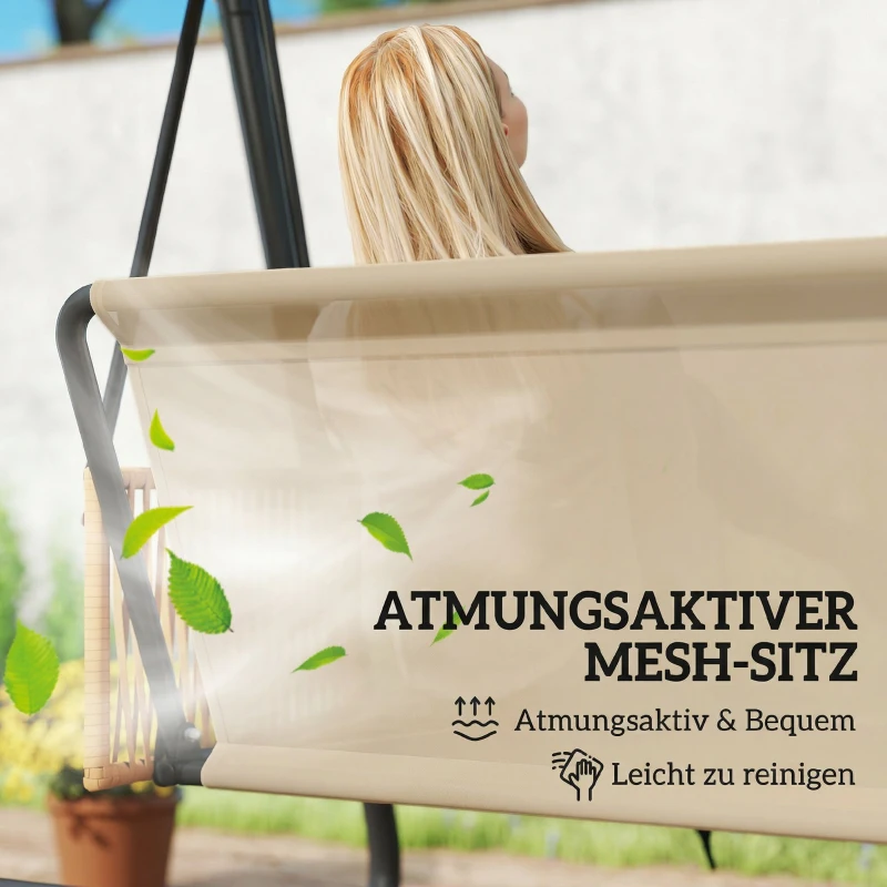 Outsunny Hollywoodschaukel, 3-Sitzer Gartenschaukel mit verstellbar Sonnendach abnehmbar atmungsaktiv Sitzauflage