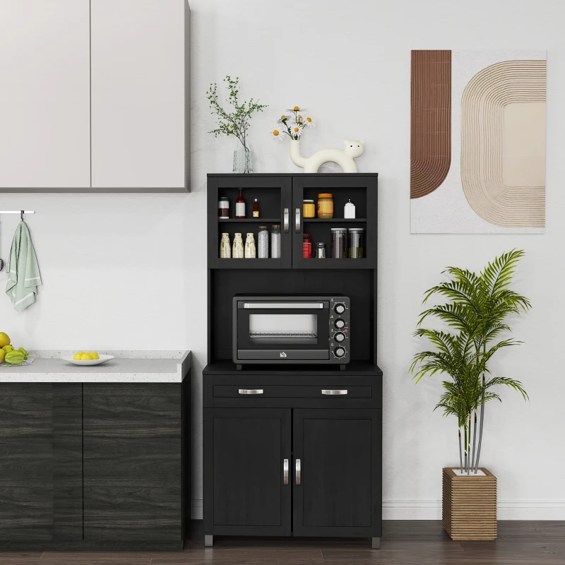 HOMCOM Buffet haut cuisine, armoire de cuisine avec 4 portes, tiroir, plan de travail, étagères réglables, 80x48x170cm, noir