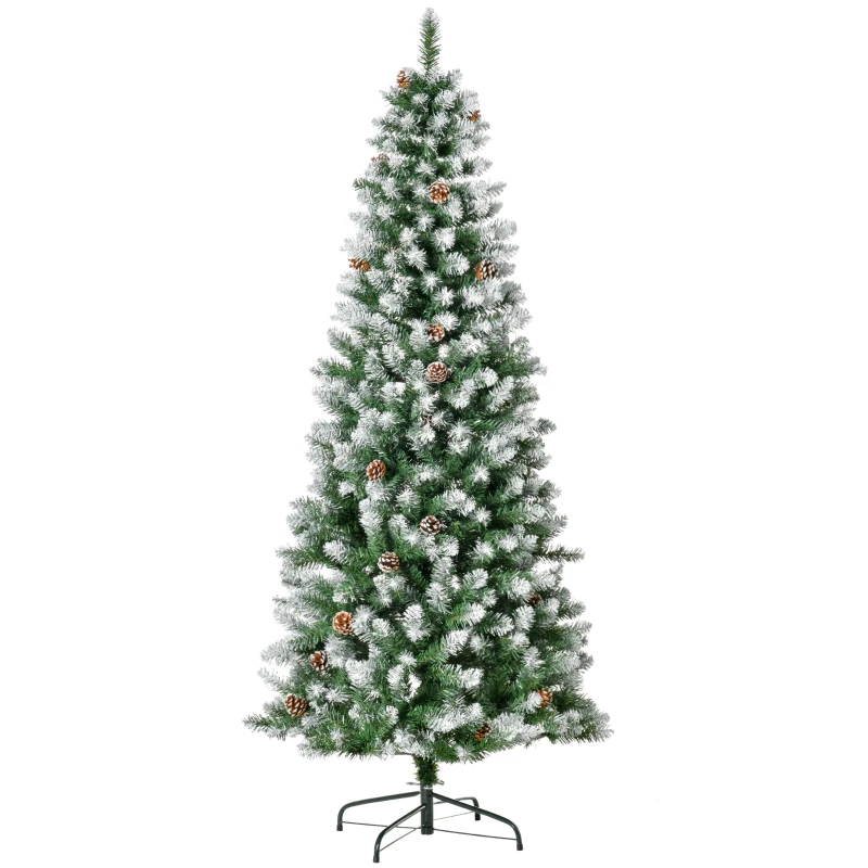HOMCOM Brad de Crăciun Înzăpezit de 180 cm cu 630 de Ramuri și 37 de Conuri, din Plastic și Metal, Verde și Alb