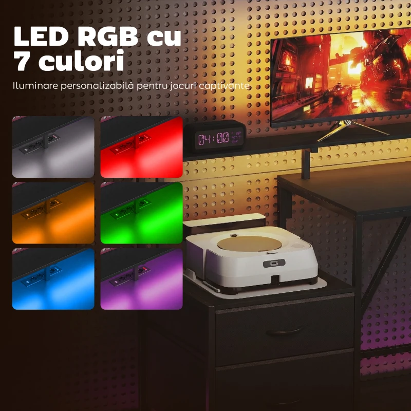 HOMCOM Birou de Gaming Unghiular cu Hub de Încărcare, Lumină LED și Suport Monitor, din Lemn și Oțel, 192,5x80x86,5 cm, Negru