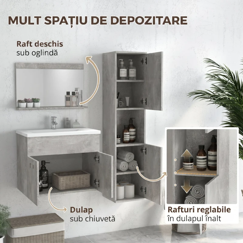 Kleankin Set Mobilier Baie – 3 Piese: Oglinda, Chiuveta, Dulap Depozitare