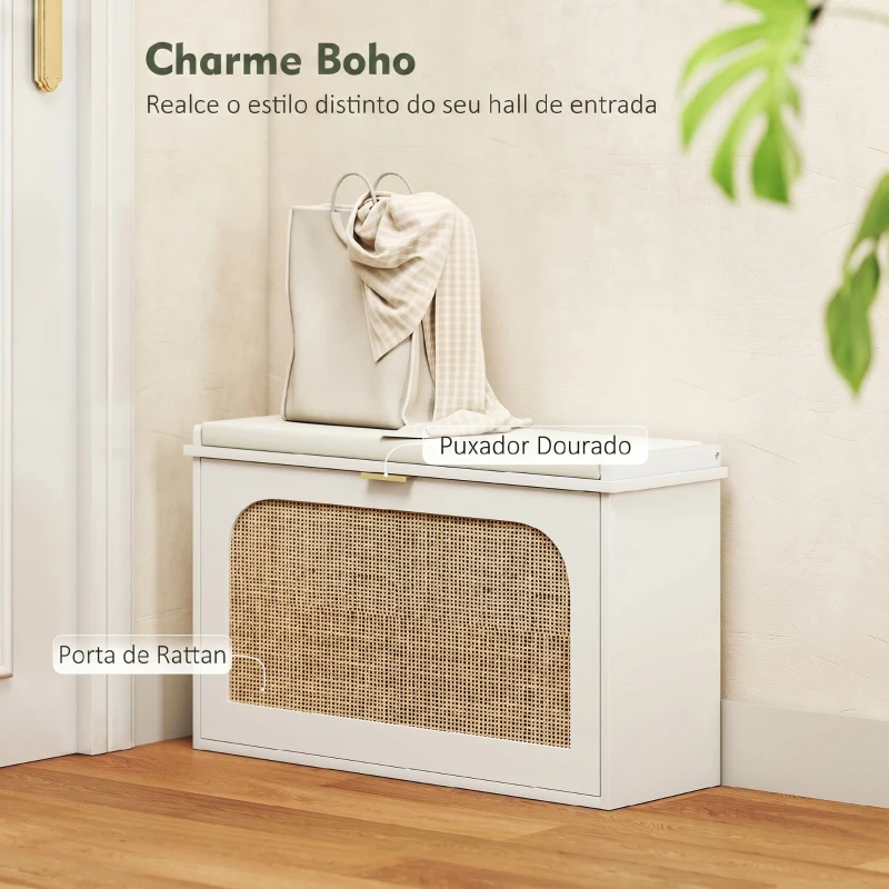 HOMCOM Banco para Sapatos Boho com Assento Acolchoado Porta de Rattan Gaveta Basculante Prateleira Ajustável 8 Pares 80x26x47,5 cm Branco