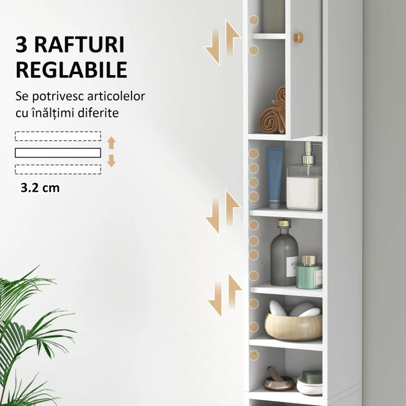 HOMCOM Coloană de Baie Economisitoare de Spațiu cu 2 Dulapuri, 3 Rafturi Deschise și Sertar, din Lemn, 20x20x178 cm, Alb