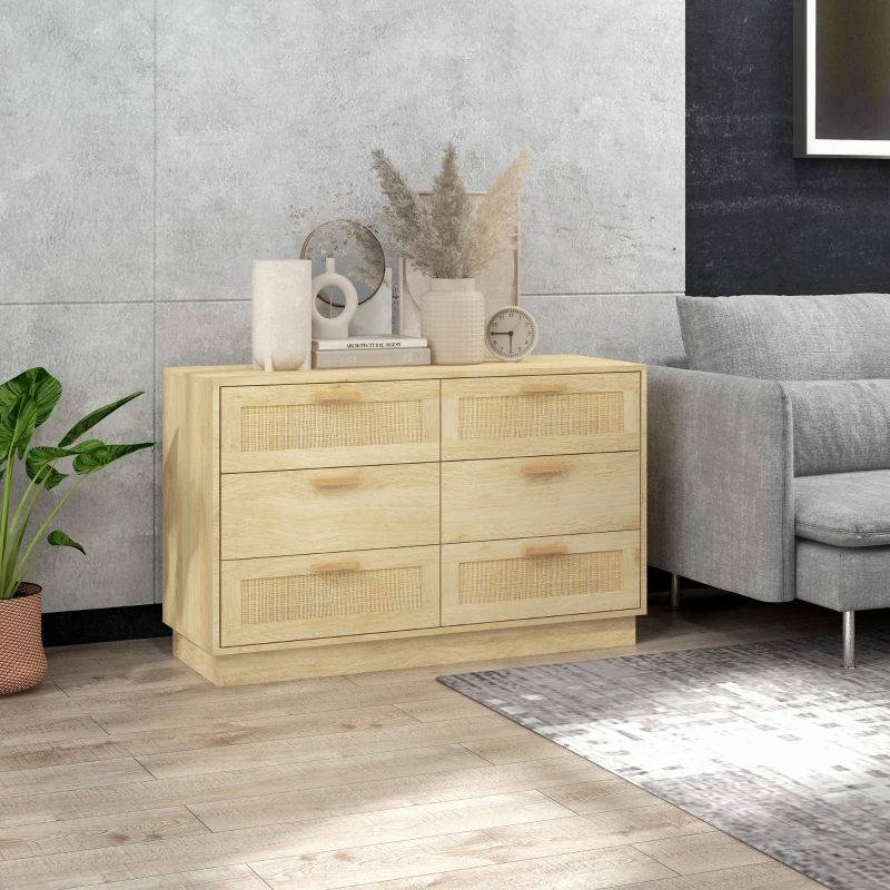 HOMCOM Comodă cu 6 sertare stil boho pentru dormitor și hol, din lemn și ratan, 110x40x69 cm, stejar