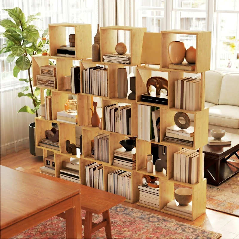 HOMCOM Bibliotecă Modernă Asimetrică cu 5 Rafturi din Bambus, 62,5 x 23 x 165 cm, Culoare Lemn Natural