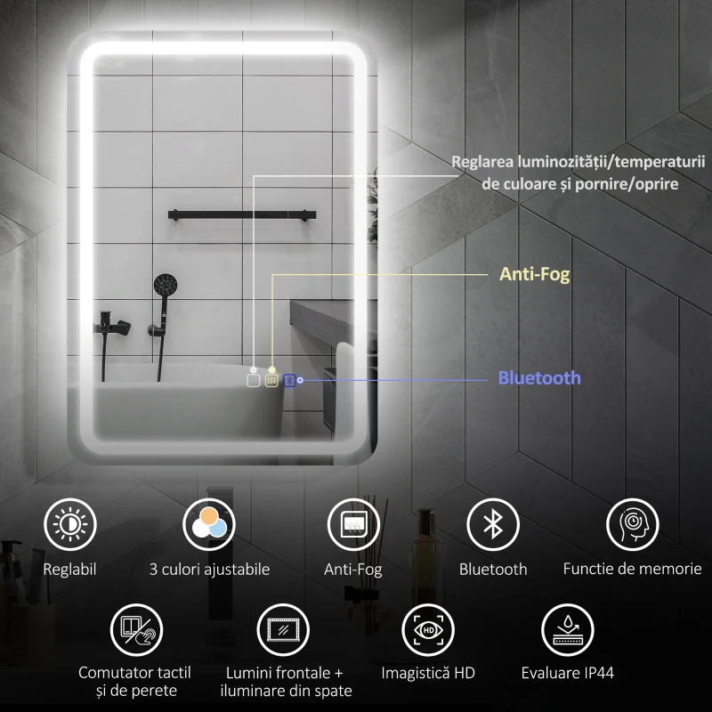 HOMCOM Oglindă de baie LED cu Bluetooth, iluminare reglabilă și funcție de memorie, din sticlă securizată, 70x50x3,5 cm