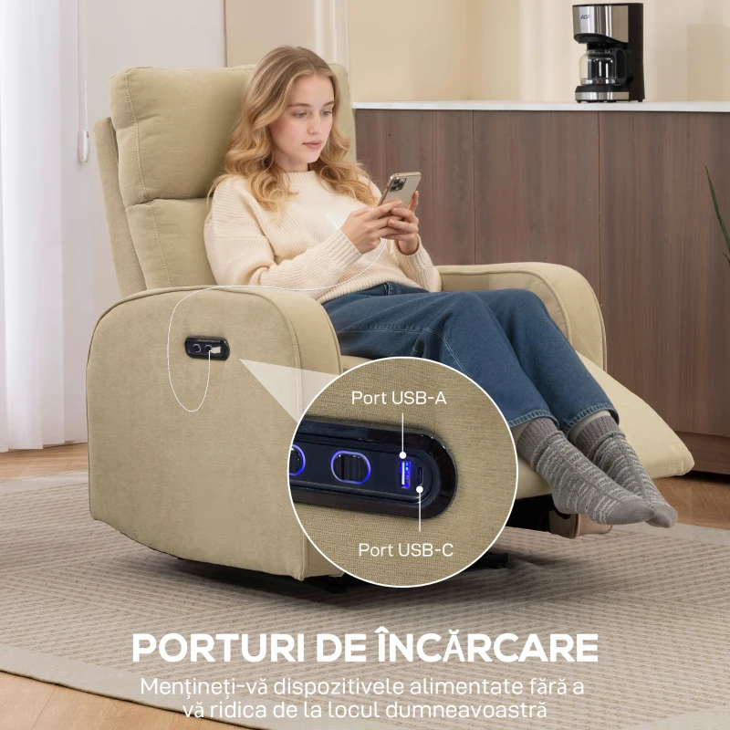 HOMCOM Fotoliu Reclinabil Electric din Catife cu Suport pentru Picioare, Tetieră Reglabilă și Porturi, 80x93x103 cm, Bej