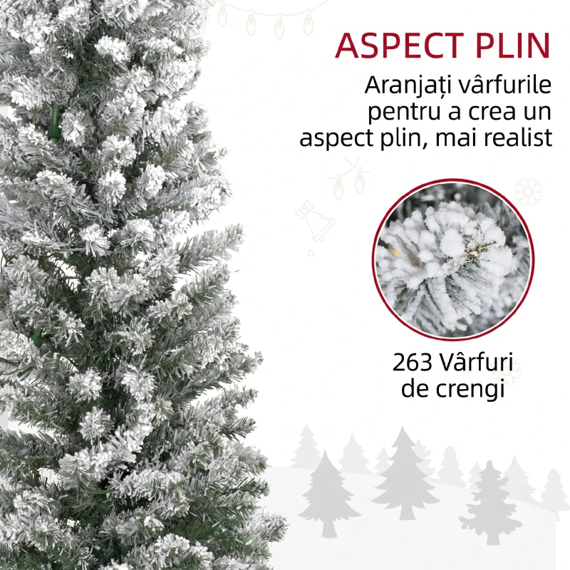 HOMCOM Brad de Crăciun înzăpezit cu 263 de crengi și lumini LED albe, din plastic și metal, Ø45x150 cm, verde