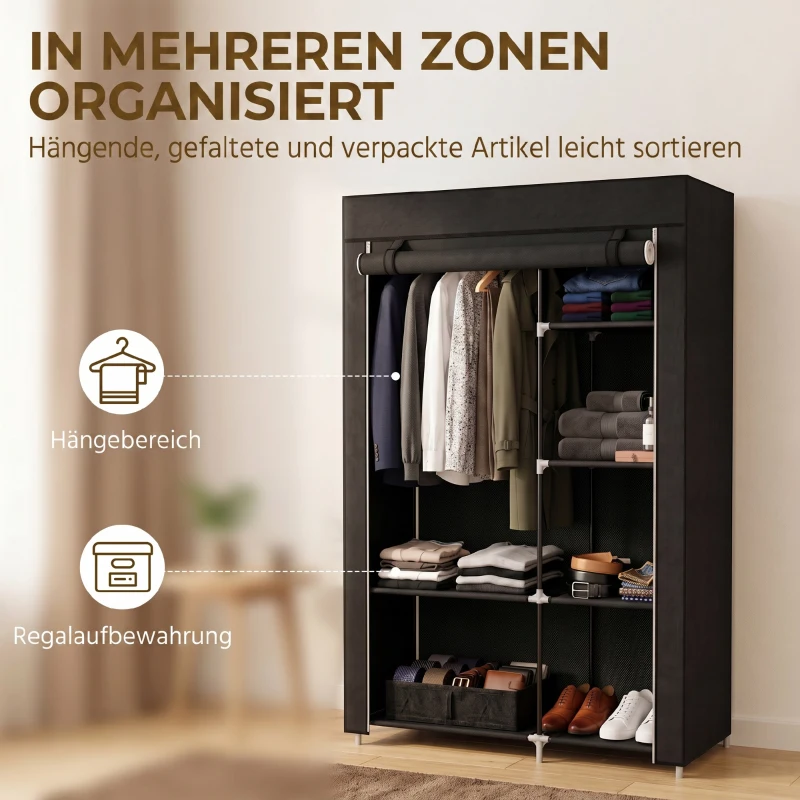 HOMCOM Schrank aus Stoff, Aufbewahrungslösung, 6 Regale, 1 Kleiderstange, Schwarz
