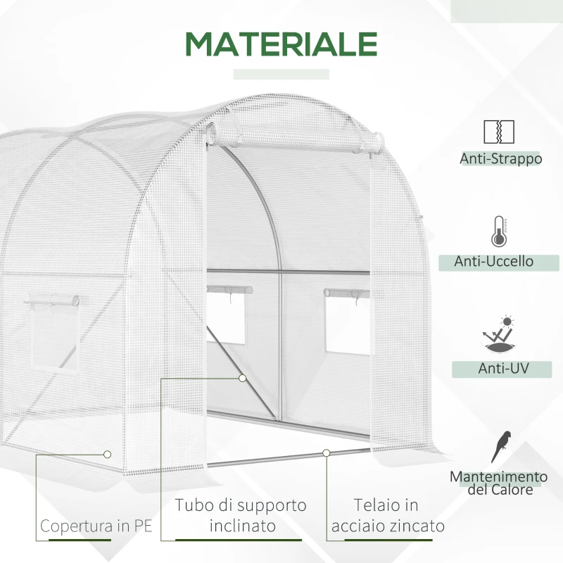 Outsunny Serra a Tunnel con 4 Finestrelle e Ingresso a Zip in Acciaio Zincato e PE, 3x2x1.9 m, Bianco