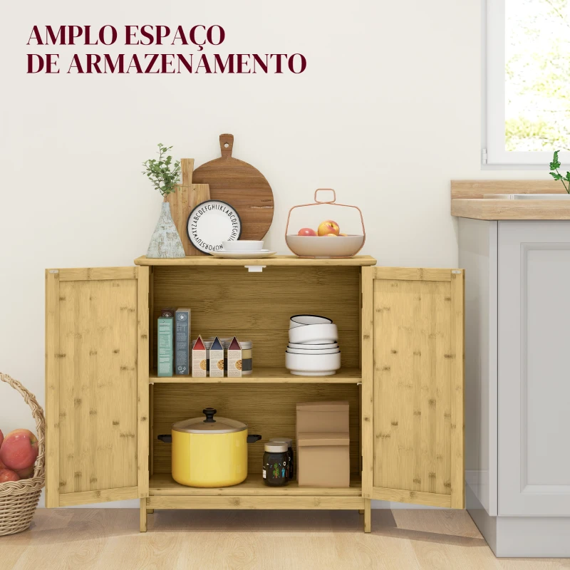 HOMCOM Aparador de Bambu de 2 Portas Aparador Boémio com 2 Prateleiras para Cozinha Entrada 60x27x67,5 cm Madeira