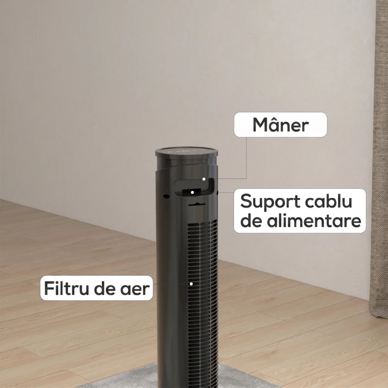 HOMCOM Ventilator turn 45W cu 4 moduri și 3 viteze, timer de 12h, din ABS, Ø31.5x93 cm, negru