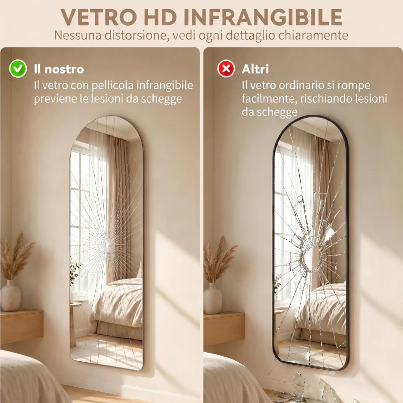 HOMCOM Specchio da Parete ad Arco con Illuminazione LED Regolabile e Controllo Touch, in Vetro Temperato, 40x3x120 cm