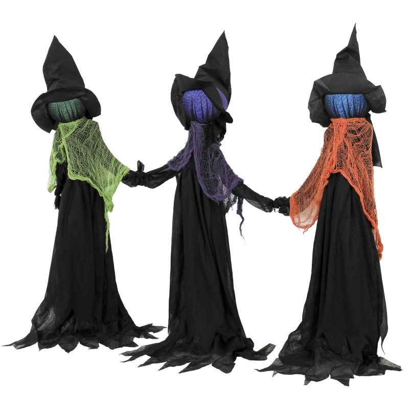 HOMCOM 120cm Witches Holding Hands Halloween Decorations Outdoor Indoor, Scary Halloween Witch Decor with Light-Up Heads