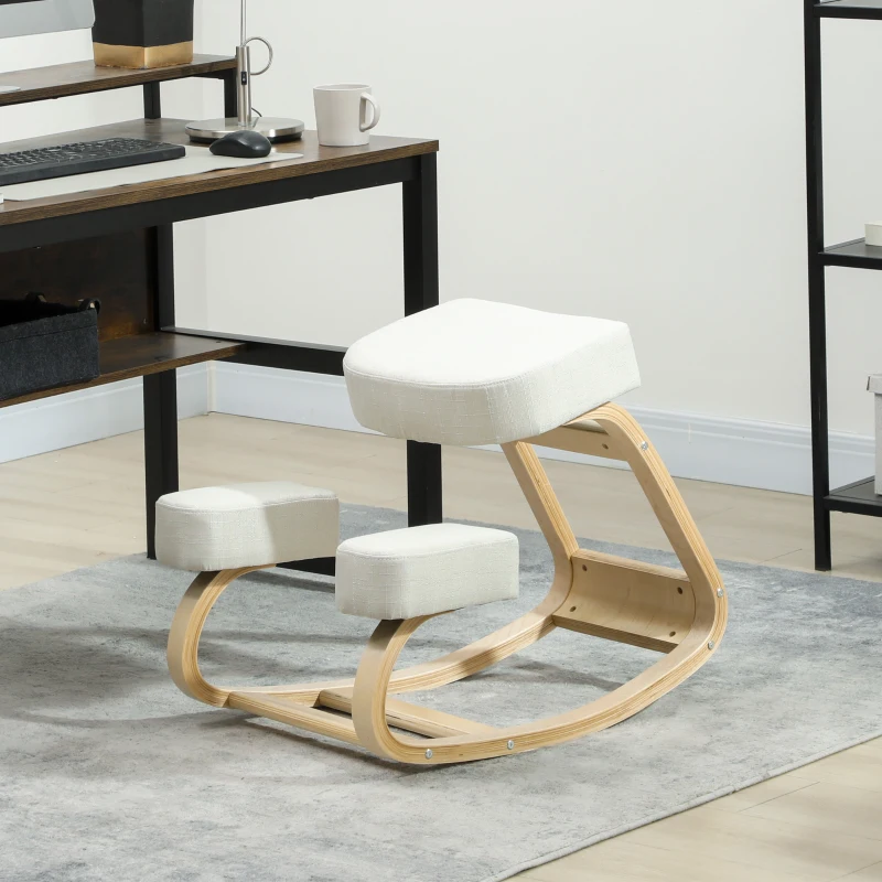 Vinsetto Kniestuhl, ergonomischer Sitzhocker, Polsterhocker für gesunde Sitzhaltung, Birkenholz, 120 kg belastbar, Cremeweiß