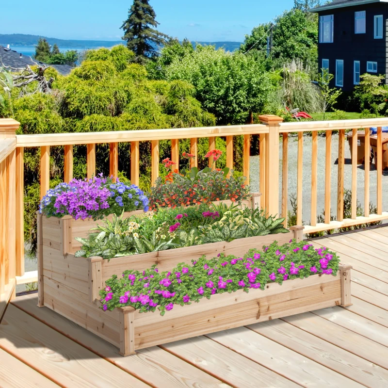 Outsunny Carré Potager de jardin en Bois massif, Jardinière Surélevé en Escalier 3 Niveaux, 120 x 120 x 56 cm, effet Bois Naturel