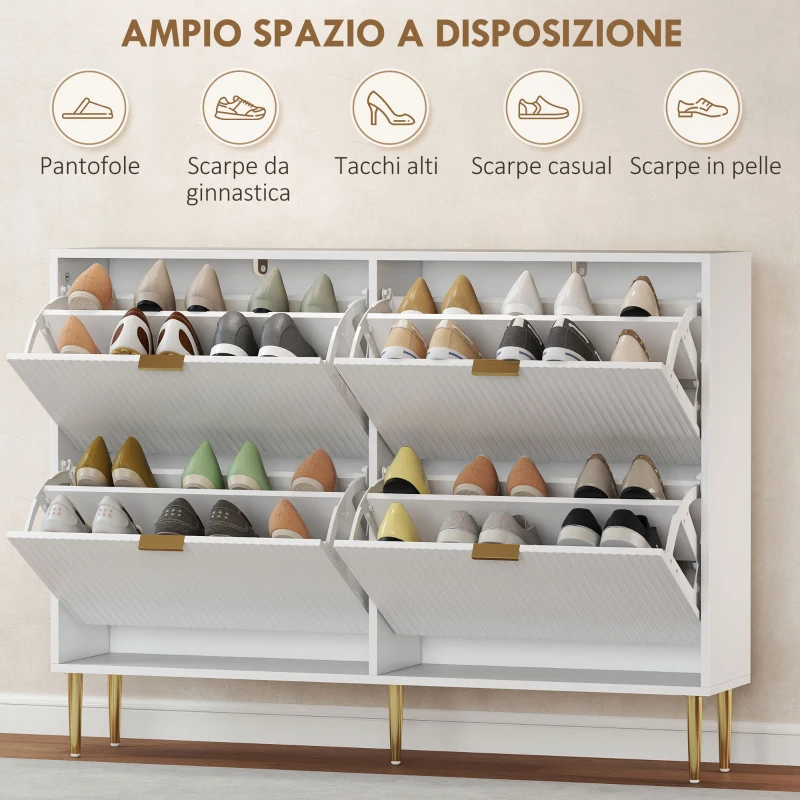 HOMCOM Scarpiera Slim per 20 Paia di Scarpe con 4 Cassetti a Ribalta e Ripiani Regolabili, 105x24x91.5 cm, Bianco