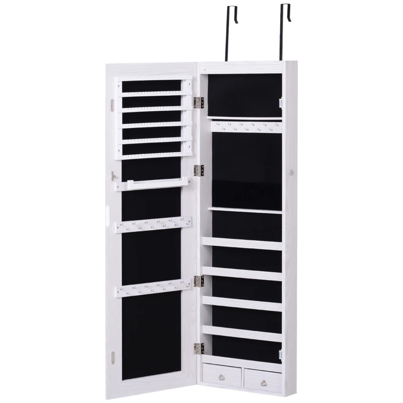 HOMCOM Espejo Joyero Colgante de Pared o Puerta con LED 5 Estantes 2 Cajones Pequeños Espejo Armario Montado con Cerradura 37x120x10cm