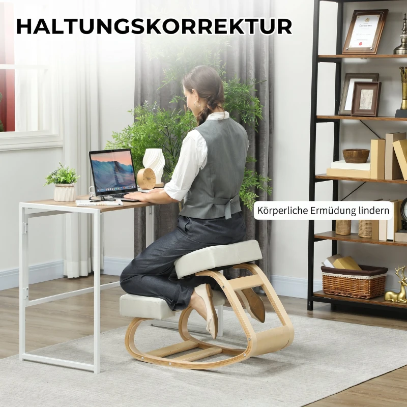 Vinsetto Kniestuhl, ergonomischer Sitzhocker, Polsterhocker für gesunde Sitzhaltung, Birkenholz, 120 kg belastbar, Cremeweiß