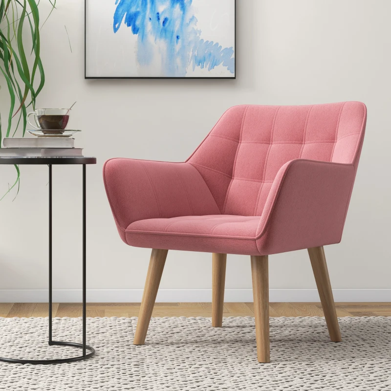HOMCOM Accent Chair, Arm Chair with Wide Arms, Slanted Back, Thick Padding and Rubber Wooden Legs for Living Room, Pink