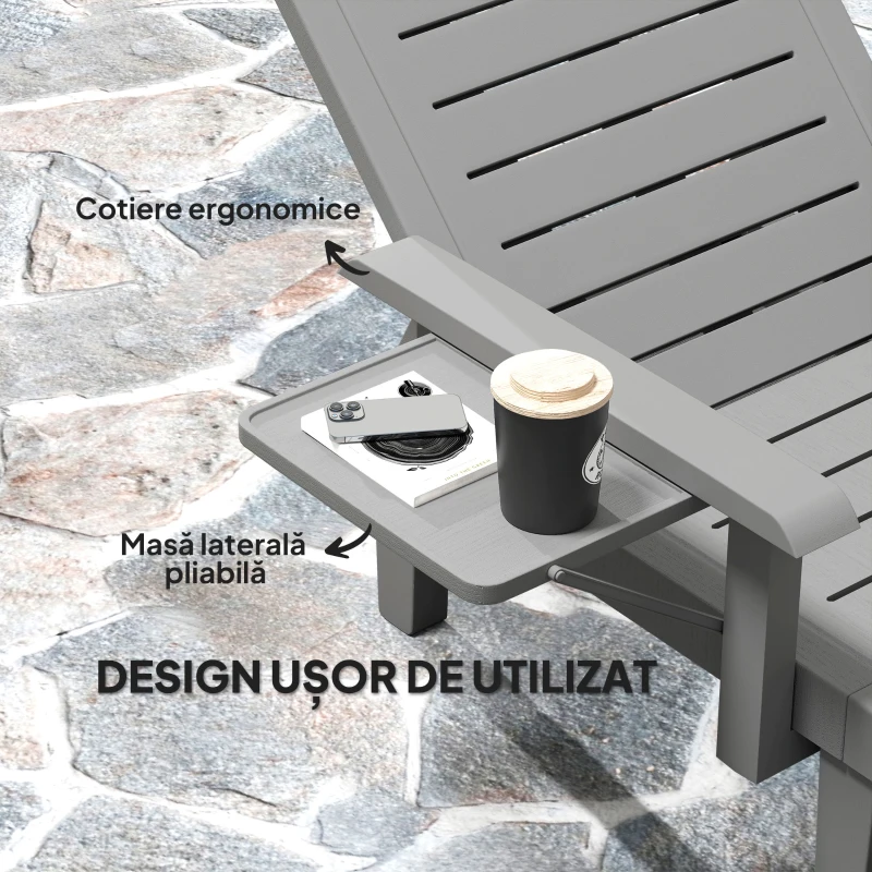 Outsunny Set 2 Șezlonguri cu Spătar Reglabil în 5 Poziții, Măsuță și Brațe Ergonomice, 79x158x88 cm, Gri