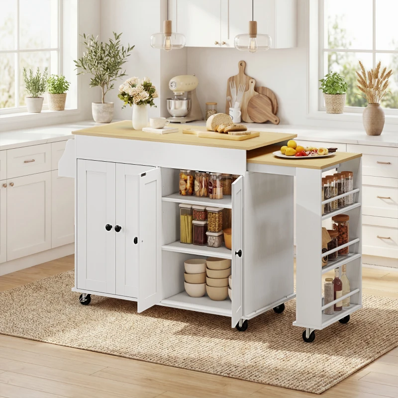 HOMCOM Isla de Cocina con Ruedas Encimera Extensible 4 Puertas Estantes Ajustables Especiero y Soporte para Toallas Blanco