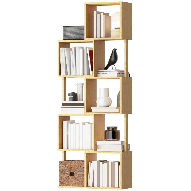 HOMCOM Bibliotecă Modernă Asimetrică cu 5 Rafturi din Bambus, 62,5 x 23 x 165 cm, Culoare Lemn Natural