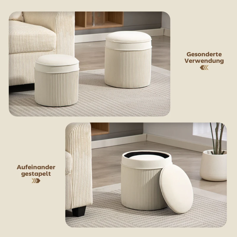 HOMCOM 2er Set Sitzhocker mit Stauraum Hocker mit Deckel, Runder Fußhocker mit Samtoptik 36 x 36 x 41,5 cm Cremeweiß