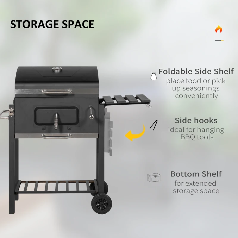 Outsunny Charcoal Grill BBQ Trolley with Adjustable Charcoal Grate, Garden Metal Smoker Barbecue with Shelf, Side Table, Wheels, Built-in Thermometer, Bottle Opener