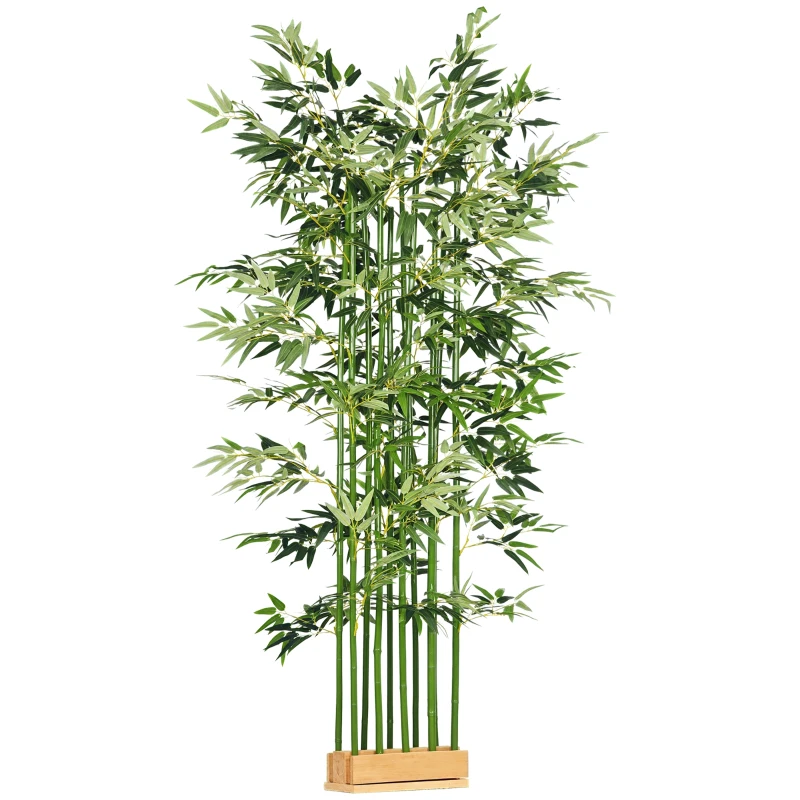 HOMCOM Plantă Artificială de Bambus, Înălțime 180 cm, cu 1640 de Frunze și Bază din Lemn de Pin, 35x10x10 cm, Verde