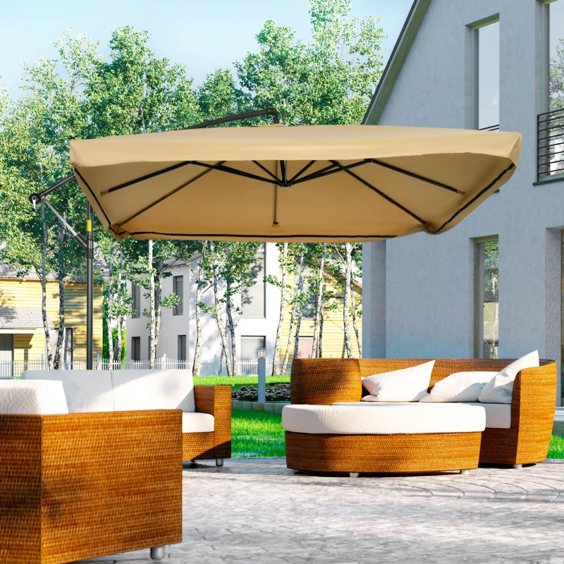 Outsunny Ombrellone da Giardino a Braccio Inclinabile con Apertura a Manovella e Zanzariera, 3x3 m, Beige