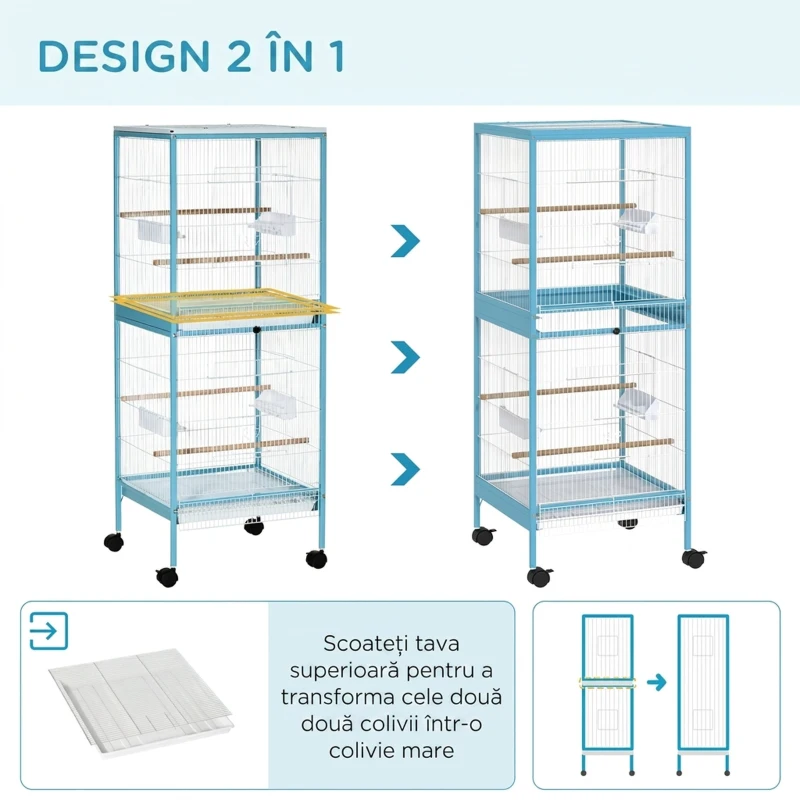 PawHut Colivie pentru Pasari 2 in 1 Voliera pentru Interior cu 4 Roti Pivotante, Tavi Detasabile si Recipiente din plastic, 51,5x50x140cm, Albastra