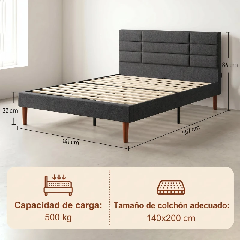 HOMCOM Cama Tapizada 140x200 cm con Cabecero Acolchado de Rejilla Almacenaje Inferior Láminas de Madera Gris