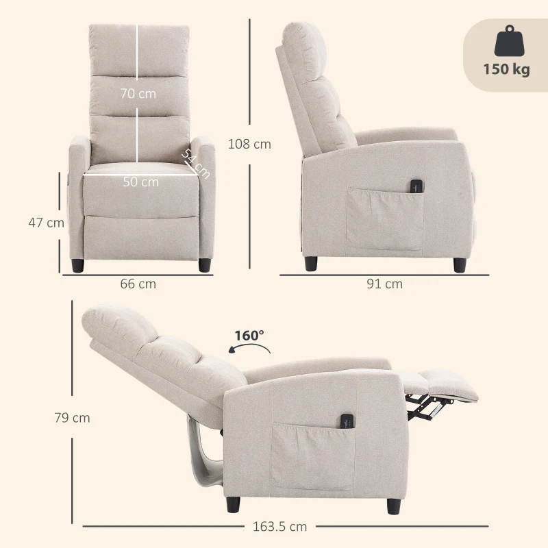 HOMCOM Fotoliu Masaj Reclinabil Manual 160°, Chenille, Suport Picioare, Telecomandă, Buzunare, Crem