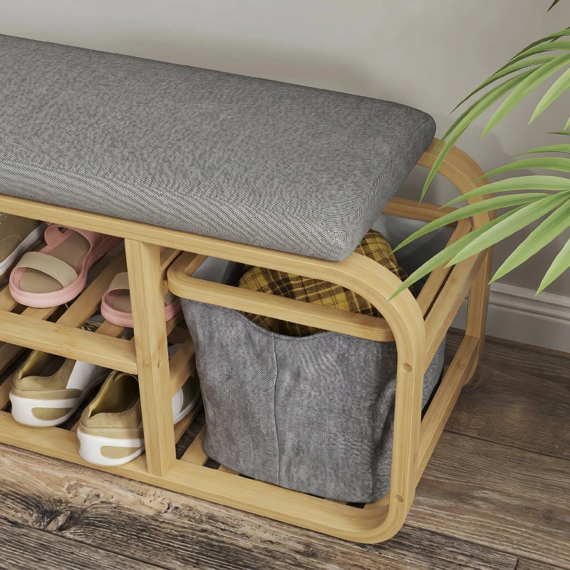 HOMCOM Bancă Pantofar pentru Hol cu Șezut Tapițat, Design cu Șipci și Coș Detasabil, 70x30x45 cm, Lemn