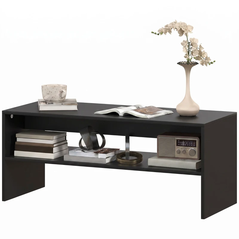 HOMCOM Mesa de Centro Moderna em Madeira de 2 Níveis com Prateleira Aberta 100x40x41,5 cm Preto