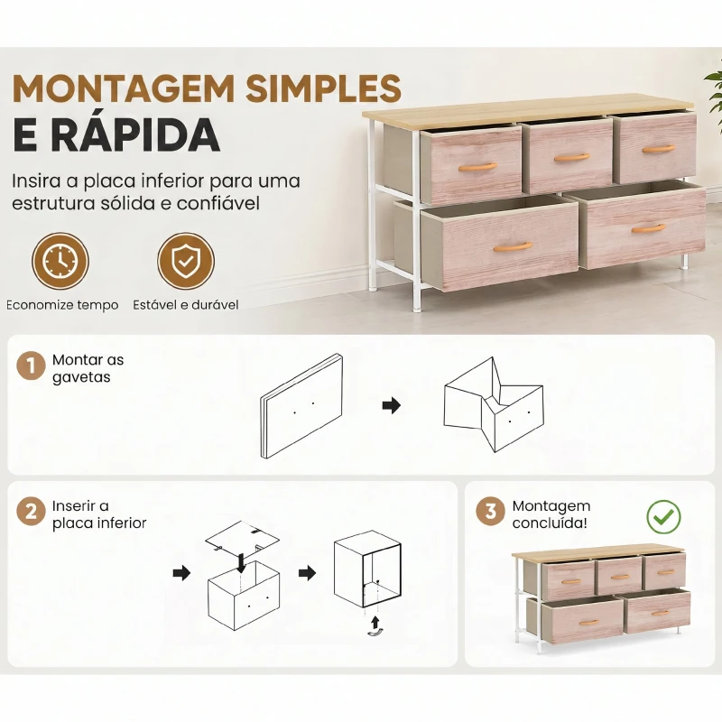 HOMCOM Cómoda com 5 Gavetas de Tecido Cómoda para Quarto Estrutura Metálica 100x30x51.5 cm Madeira e Branco