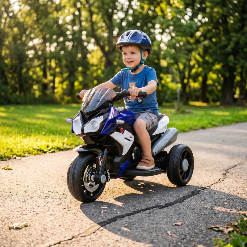 HOMCOM Motocicletă Electrică pentru Copii 3-5 Ani Max. 25kg cu Lumini, Muzică, Baterie 6V și Viteză 3km/h, 86x42x52 cm, Albastră