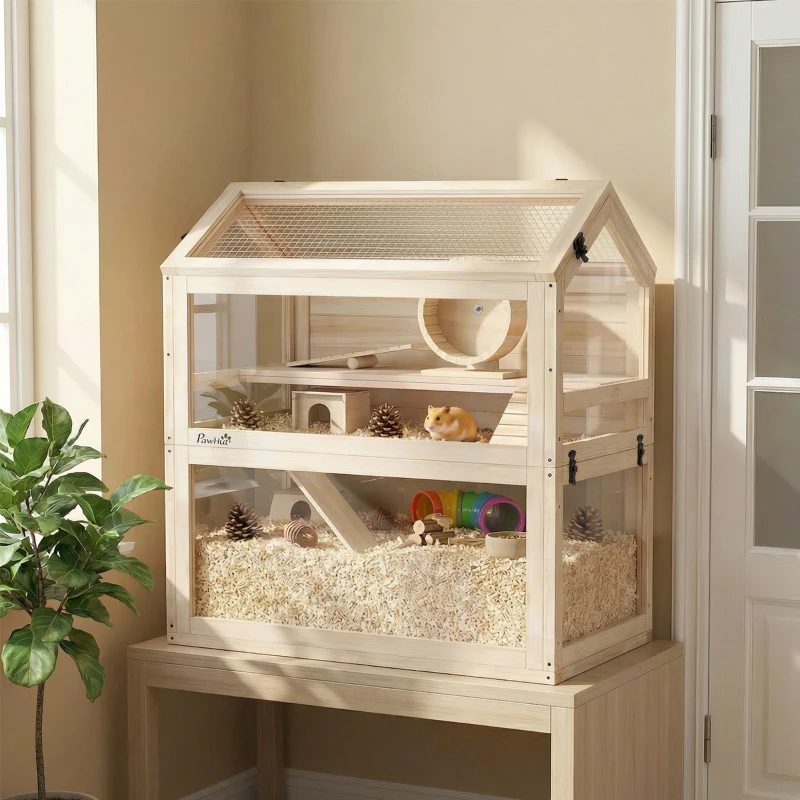 PawHut Gaiola para hamster em madeira 3 andares 76 x 45,5 x 77 cm gaiola para roedores gaiola para pequenos animais com bandeja removível placa de acrílico roda de exercício