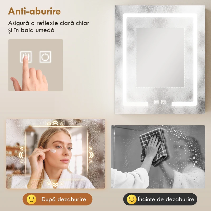 HOMCOM Dulap Baie cu Oglindă LED, 50x15x60 cm Mobilă Baie cu Funcție Anti-Aburire, Rafturi Reglabile, 3 Temperaturi de Lumină Dimmabile, Dulap Montat pe Perete din Sticlă, Alb