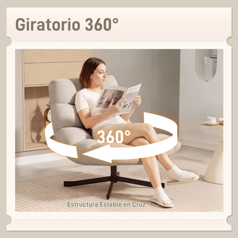 HOMCOM Butaca de Salón Giratoria Moderna Tapizada en Chenilla con Asiento Ancho Base Cruz y Patas de Acero Sillón Relax Crema