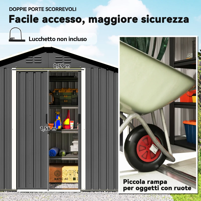 Outsunny Casetta da Giardino Capanno Porta Attrezzi Acciaio 194x107x191 cm, Grigio